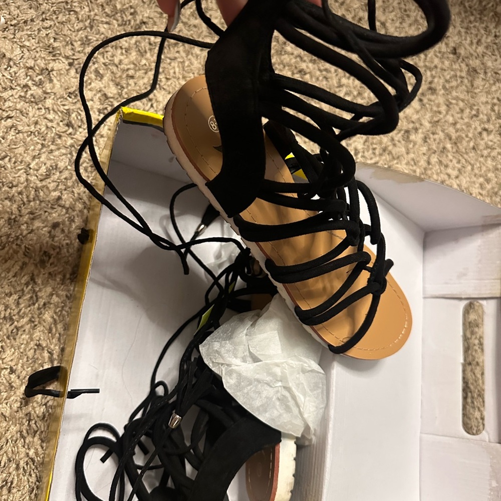 Shiekh Black Lace-Up Gladiator Sandals with Tan Footbed